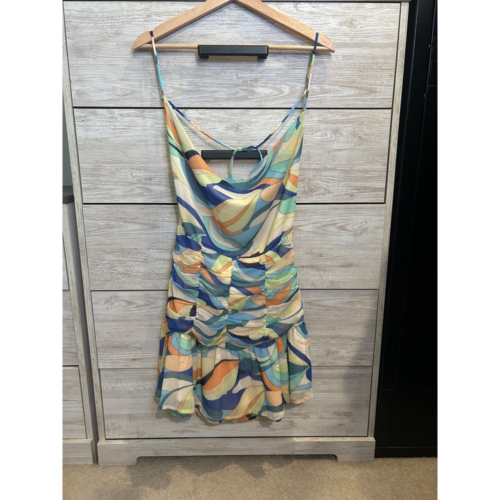 Sky to Moon Retro Swirl Print Ruched Mini Dress Blue Orange Cowl Neck Large